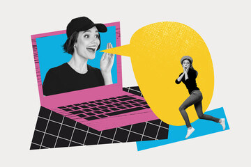 Full 3d zine pop trend collage of two happy girls stand laptop device bubble communication friends chatting dialogue phrase