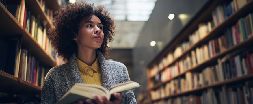 The woman exploring knowledge in a cozy library filled with books. - Powered by Adobe