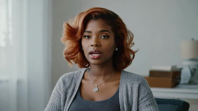 African woman speaking facing camera in interior office setting