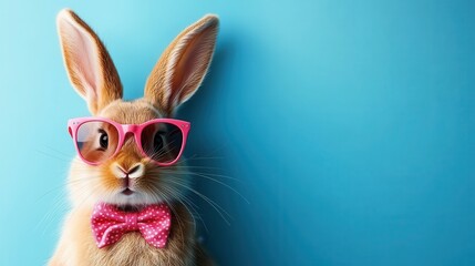 An adorable rabbit dressed in stylish pink sunglasses and a polka dot bowtie, posing against a bright blue background, exuding personality and charm in a whimsical setting.