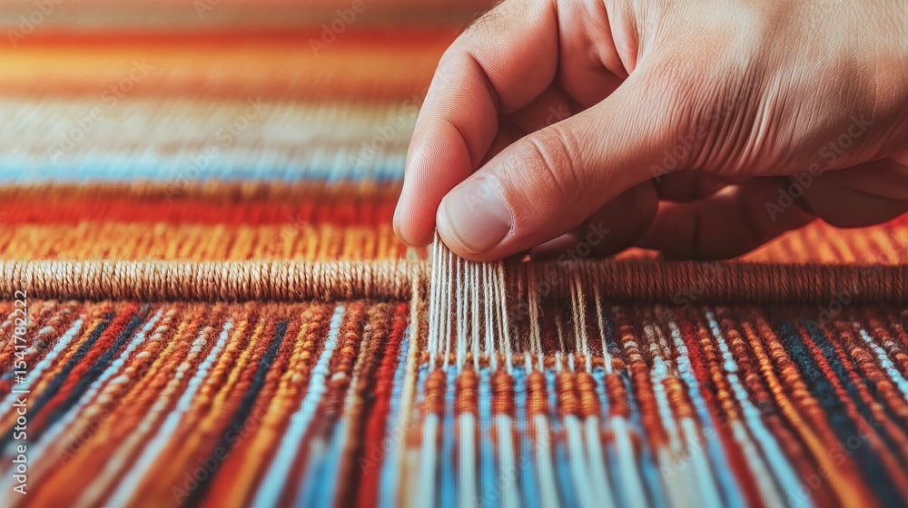 Poster hand of a skilled artisan weaving colorful threads on a traditional loom, showcasing intricate patte