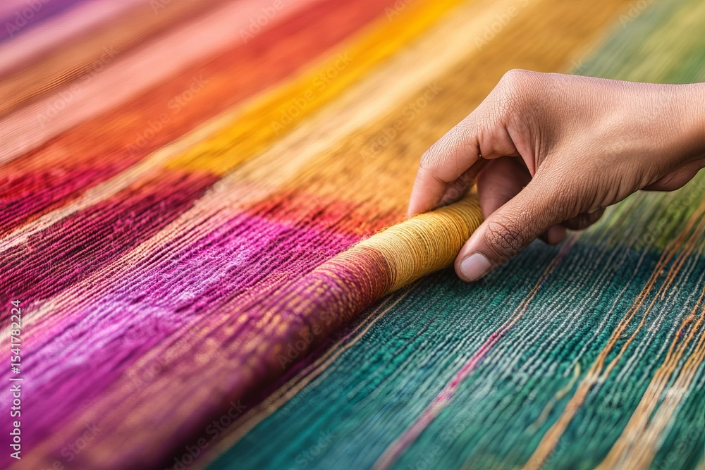 Poster hand of a skilled artisan gently adjusting vibrant threads on a loom, showcasing intricate weaving t