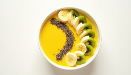 Naklejka premium Fresh Smoothie Bowl with Banana, Kiwi, and Chia Seeds on a White Background