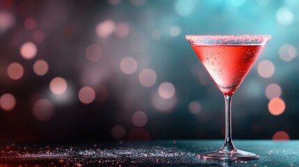 A stunning martini with a sparkling rim sits elegantly in a glass, surrounded by a vibrant bokeh background filled with warm hues, adding a celebratory feel.