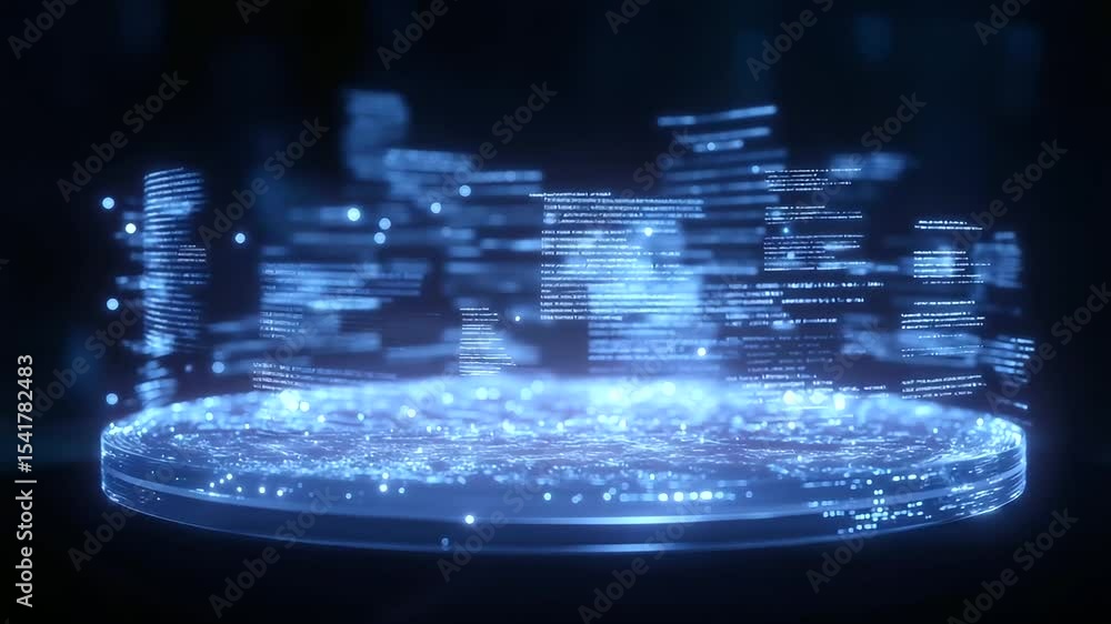 Poster futuristic holographic display showcasing 3d text and diagrams in a dimly lit environment.