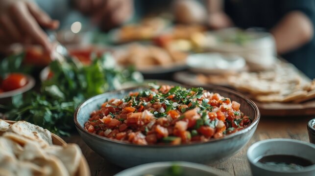 A vibrant bowl of freshly made salsa boasts colorful chopped ingredients, inviting lively gatherings and celebrating the joy of shared meals in rustic kitchen ambiance.
