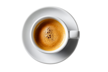 Hot espresso served in a white cup on a clean saucer