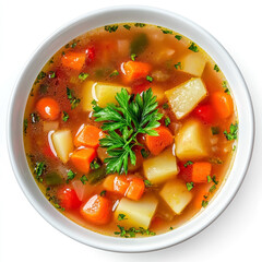 Delicious and nutritious vegetable soup in a white bowl a close up view featuring fresh carrots potatoes and parsley garnish ready to serve
