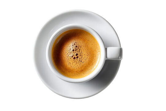 Hot espresso served in a white cup on a clean saucer