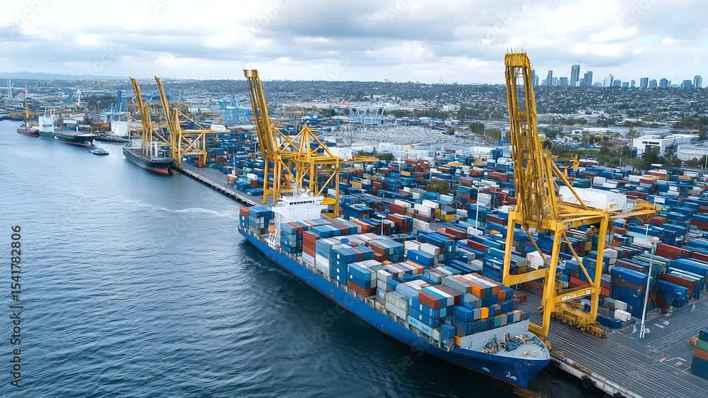 Poster aerial view of a seaport teeming with container ships, cranes in synchronized motion lifting cargo w
