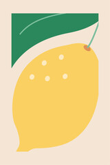 Botanical hand drawn lemon fruit with leaf on beige background. Vector illustration.