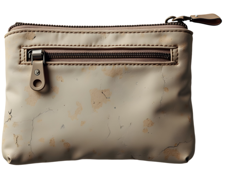 Worn distressed beige pouch with peeling texture, used vintage wallet