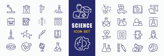 Set of 32 line icons related to science. Outline icons collection. Simple vector illustration. Editable stroke