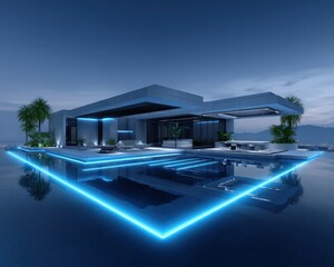 Futuristic modern house with infinity pool at night