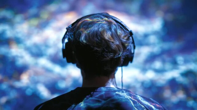 Futuristic gaming room featuring a holographic screen and dynamic mental patterns.