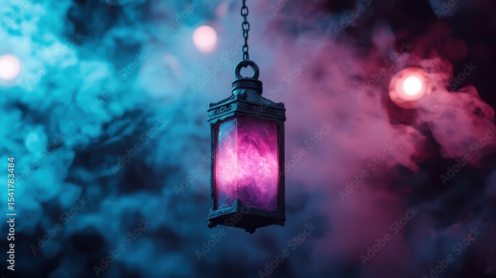 Poster an enchanting lantern hangs in the air, radiating a mystical glow within colorful vapor, creating an