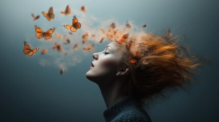 A captivating and dreamy profile portrait of a woman surrounded by butterflies and ethereal smoke, merging the beauty of nature with the abstract elegance of human emotion.