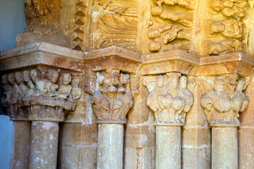 Romanesque Carved Capitals and Columns at San Esteban Church, Moradillo de Sedano, Burgos, Castile and Leon, Spain