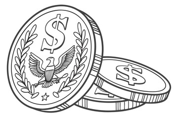 Illustration of American Dollar Coins with Eagle and Laurel Wreath Design, Stacked and Isolated on White