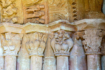 Romanesque Carved Capitals and Columns at San Esteban Church, Moradillo de Sedano, Burgos, Castile and Leon, Spain