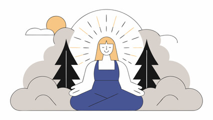 Obraz premium Meditative woman in blue dress surrounded by nature, radiating calmness and peace