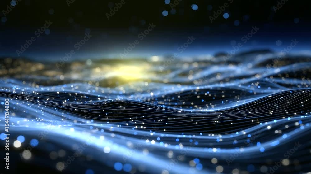 Poster conceptual art of virtual business ecosystem with luminous nodes floating in space, connected by flo