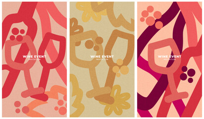 Set of Retro Minimalist Wine Event Invitations – Vertical Vector Designs with Abstract Glasses and Textured Backgrounds