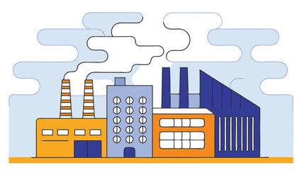Naklejka premium Flat vector industrial plant with colorful buildings and smoke