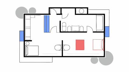 Floor plan of apartment featuring one bedroom, kitchen, and living area layout