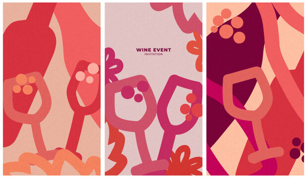 hand-drawn wine event invitations – retro minimalist vector posters with textured backgrounds