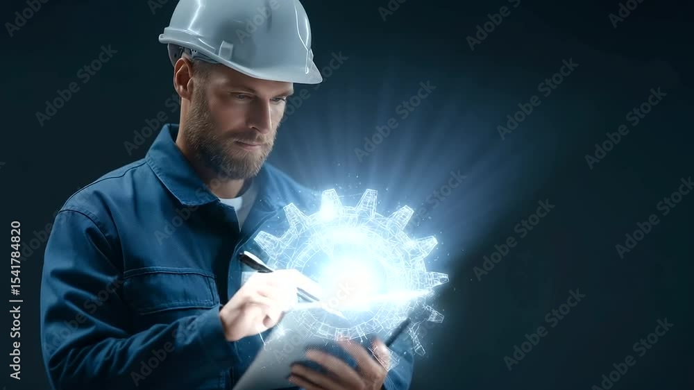 Aufkleber Engineer utilizing tablet to interact with advanced 3D digital twin technology.