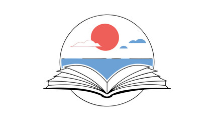 Open book with sunset and ocean view creates serene atmosphere