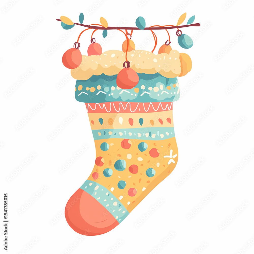 Poster colorful decorative stocking with ornaments hanging on string generative ai