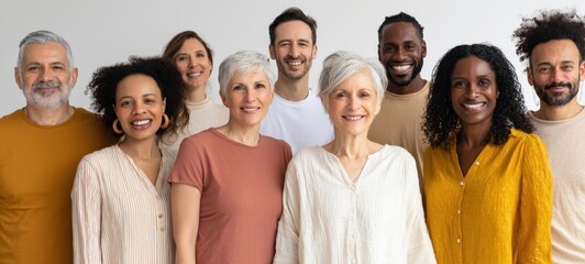 The diverse group of smiling adults showcasing unity and friendship in a studio setting.