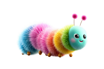 Colorful fluffy caterpillar with happy face on transparent background