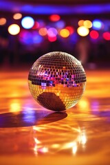 Shiny disco ball reflecting colorful lights on dance floor