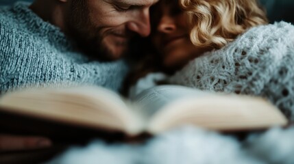 This intimate image illustrates a couple snuggling together while reading a book, capturing the essence of shared moments and emotional connection through literature.