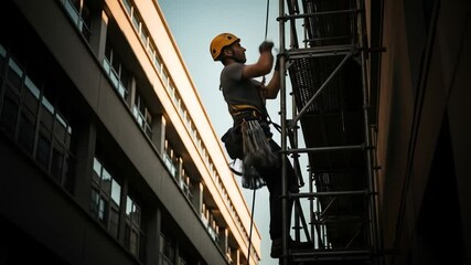 Worker using safety gear climbing industrial scaffold between buildings at dusk