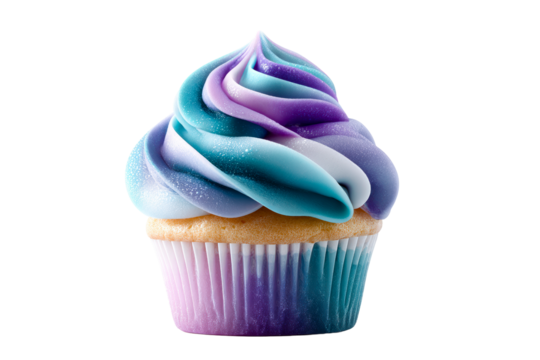 Colorful cupcake with swirls of purple and blue frosting