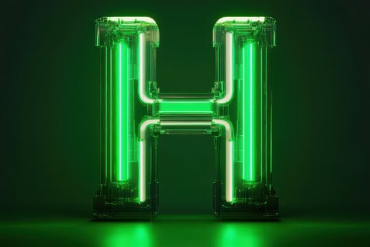 Letter H Green. Three-Dimensional Glowing Green Neon Light Alphabet Character