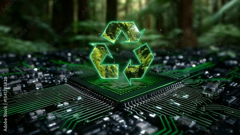 Poster eco-tech concept art showing a green pcb where the central node is shaped like a recycle symbol, sur
