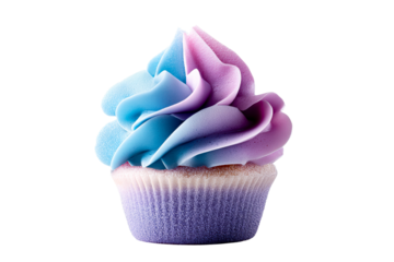 Cupcake with blue and purple frosting on clear background
