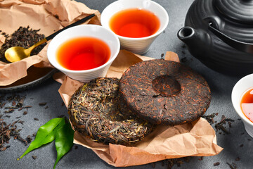 Tea background. dry pressed pu erh tea. Tea ceremony and tea preparation.
