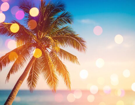 Abstract palm tree against colorful sky background with trendy colorful bokeh effect. - Powered by Adobe