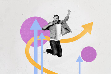 Image zine trendy pop collage of happy businessman businesswoman stand arrow development success...