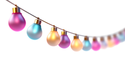 Colorful light bulbs hanging on a string with a transparent background
