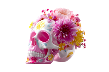 Colorful decorative skull with flowers on a transparent background