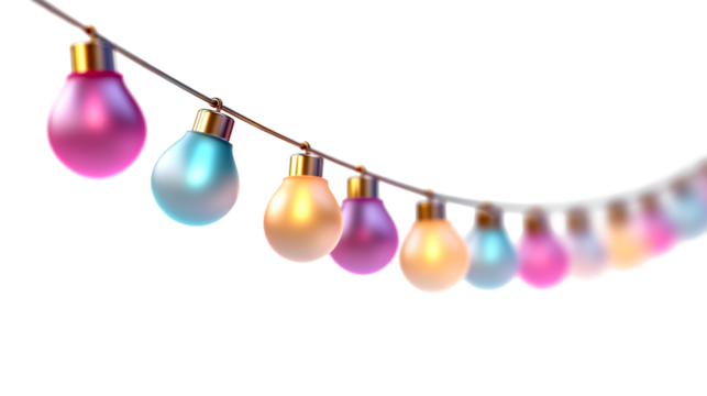 Colorful light bulbs hanging on a string with a transparent background