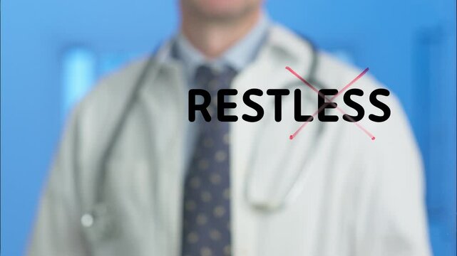 Medical professional wearing white coat crossing out word restless on transparent board, symbolizing overcoming mental health challenges in clinical setting against blue backdrop
