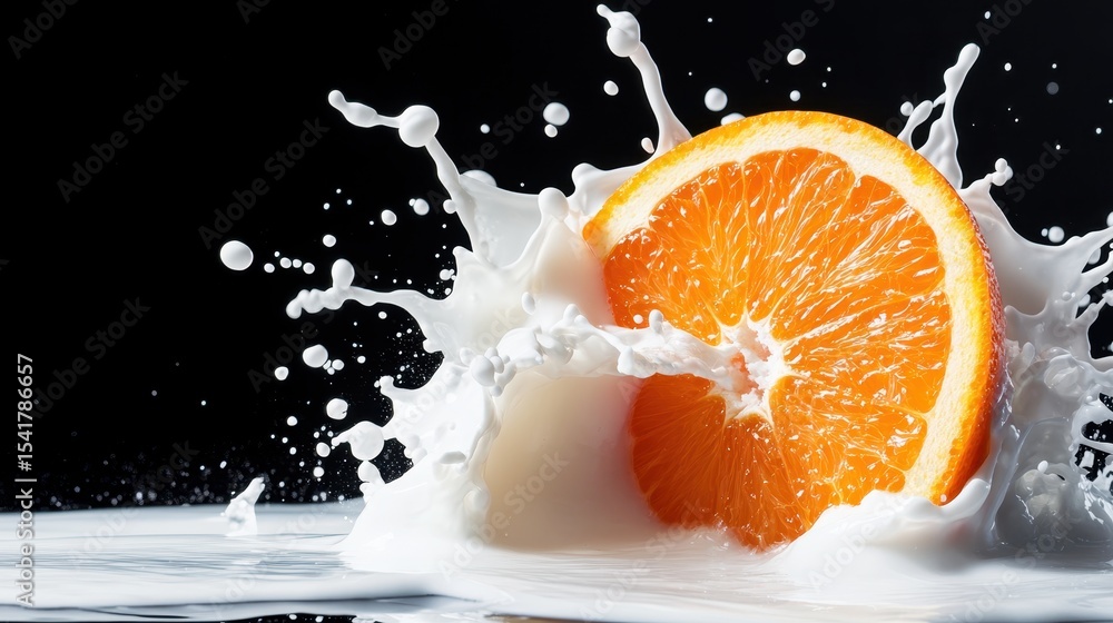 Aufkleber an orange slice dramatically splashes into a pool of milk, creating a visually striking contrast of 